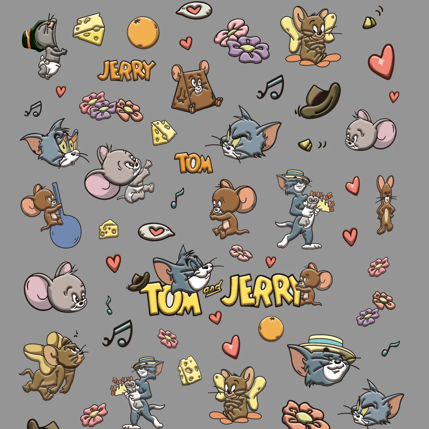 2 Stück Tom und Jerry 3D-Nagelaufkleber mit Prägung, Niedliche Kätzchen-Herz-Aufkleber für Fan-Kollektionen