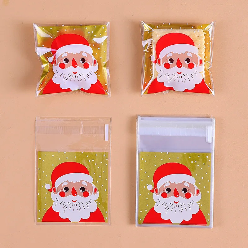 100PCS Christmas Plastic Candy Bags Carton Santa/Snowman/Deer Cookie Bag For Neol DIY Biscuits Snack Baking Packaging Supplies