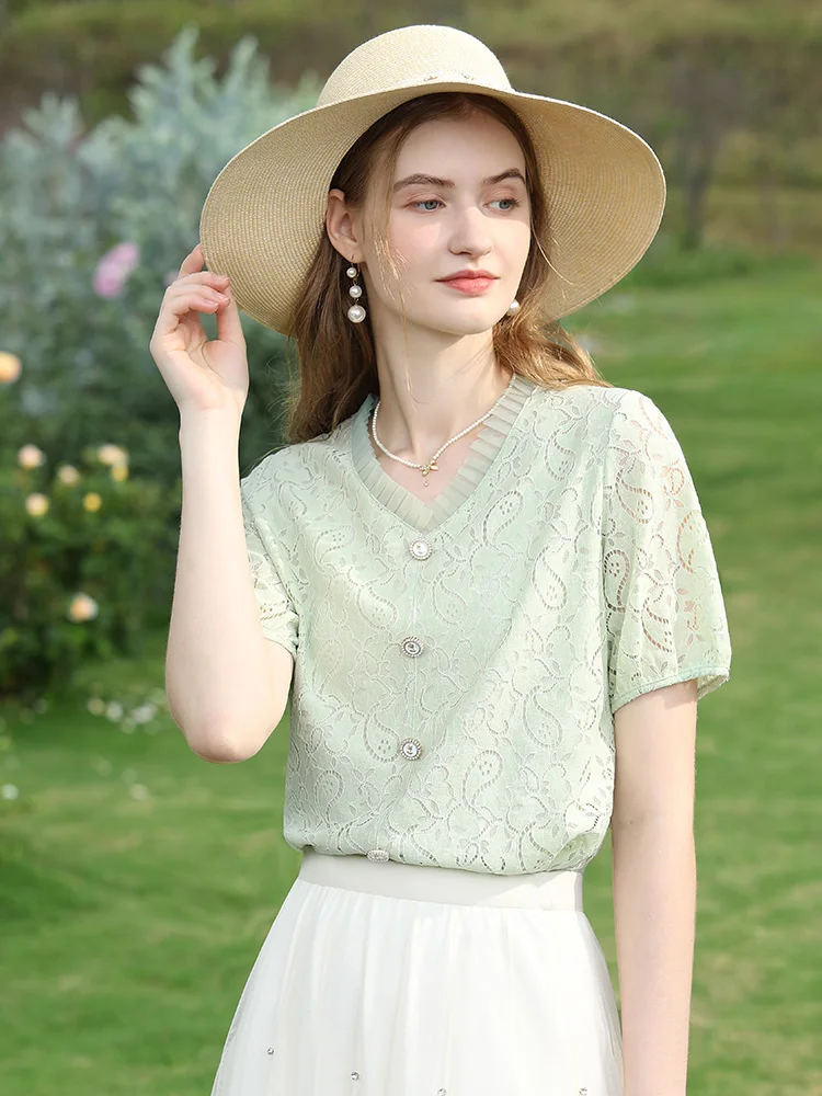 I BELIEVE YOU French Women Lace Shirt V-neck Hollow Out Short-sleeved Blouse 2024 Summer New Beauty Solid Female Tops 2242085671