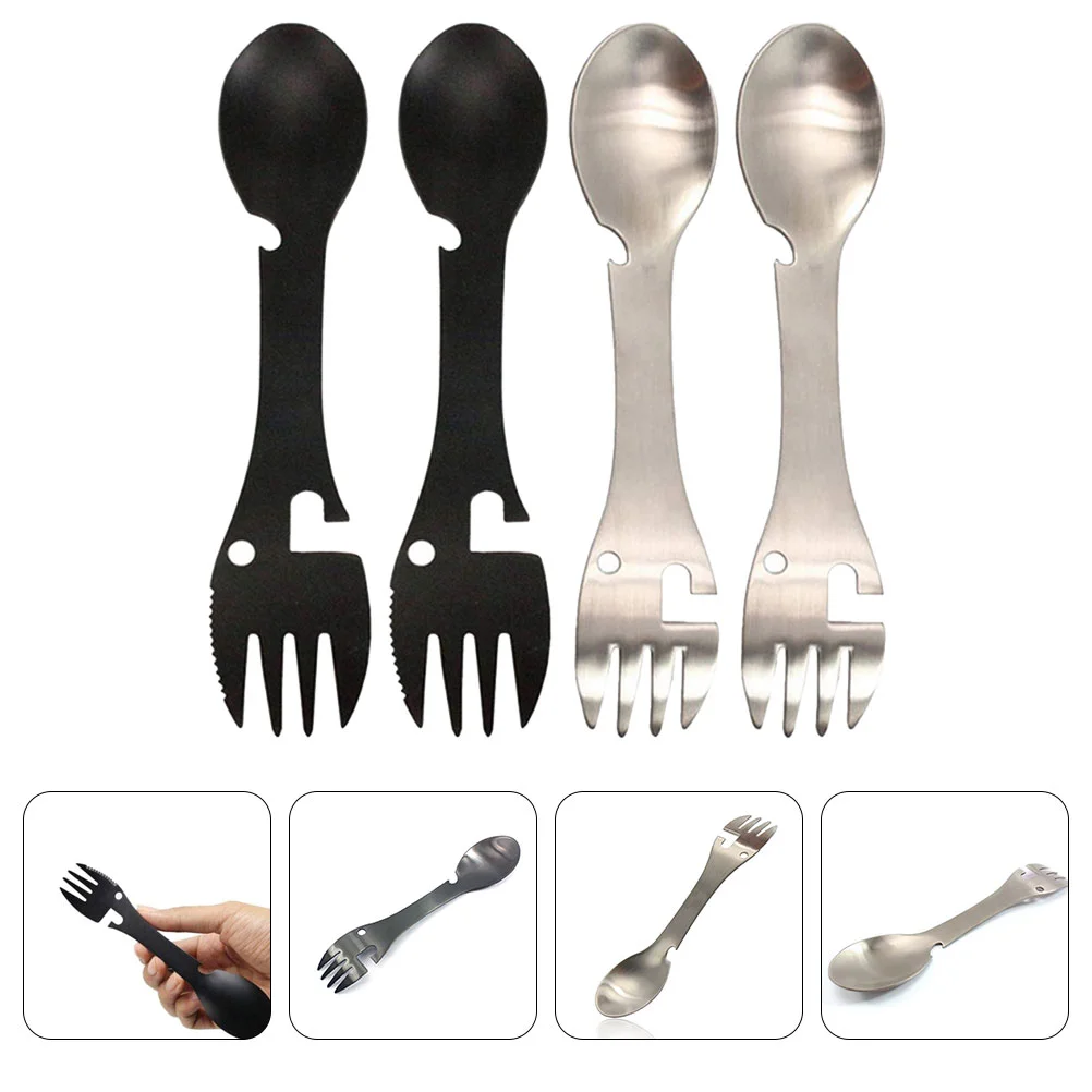 

4 Pcs Stainless Steel Utensils Fork Spoon Travel Can Opener Spork for Camping Hiking Picnic Outdoor Activities Multi Function