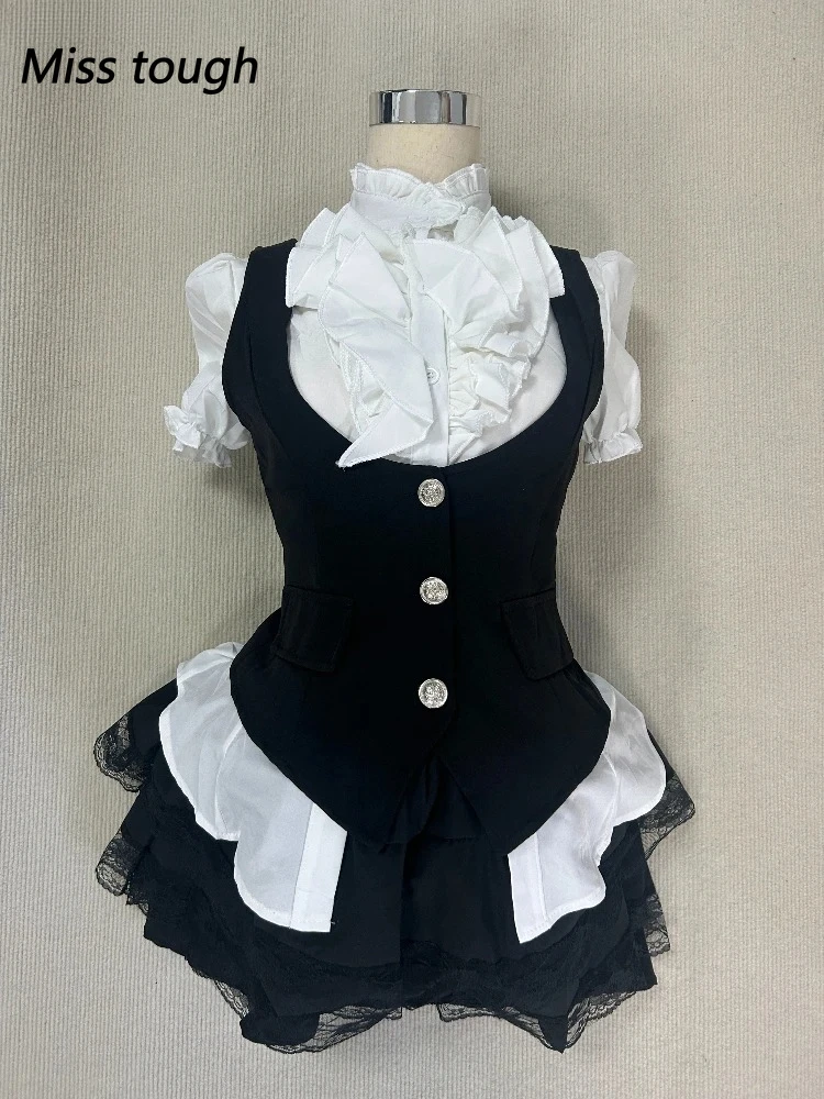 

Элегантный женский комплект из трех предметов в консервативном стиле, осенний повседневный черный жилет в стиле ретро + шикарная блузка с бантом + юбка с высокой талией, женская корейская мода