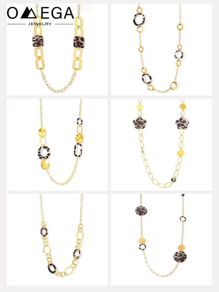 Stainless Steel Long Necklace For Women 18k Gold Plated Women\'s Sweater Chain Necklaces Woman Leopard Print Jewelry Accessories