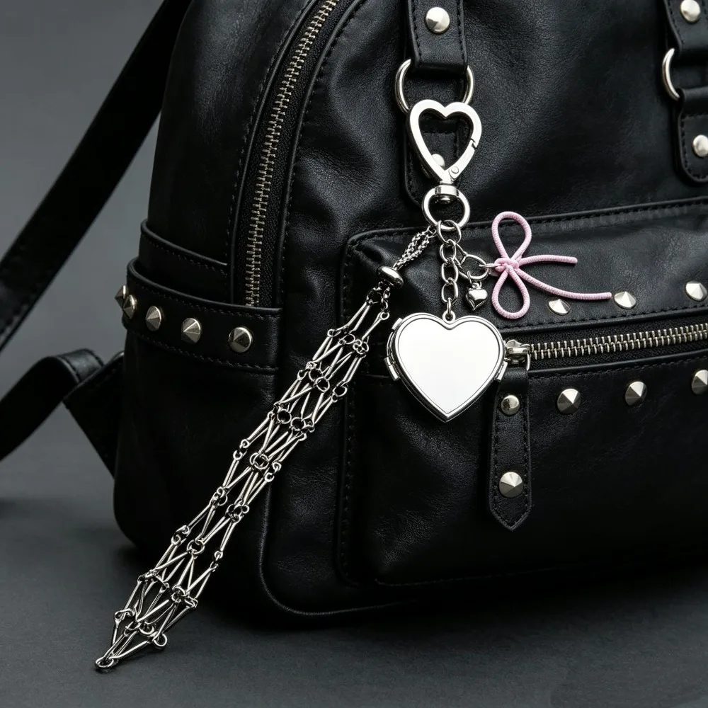 Custom Y2K Style Minimalist Sweet Cool Ins Lipstick Net Pocket Keychain Pink Bow Car Keyring Earphone Cover Metal Pendant Gift