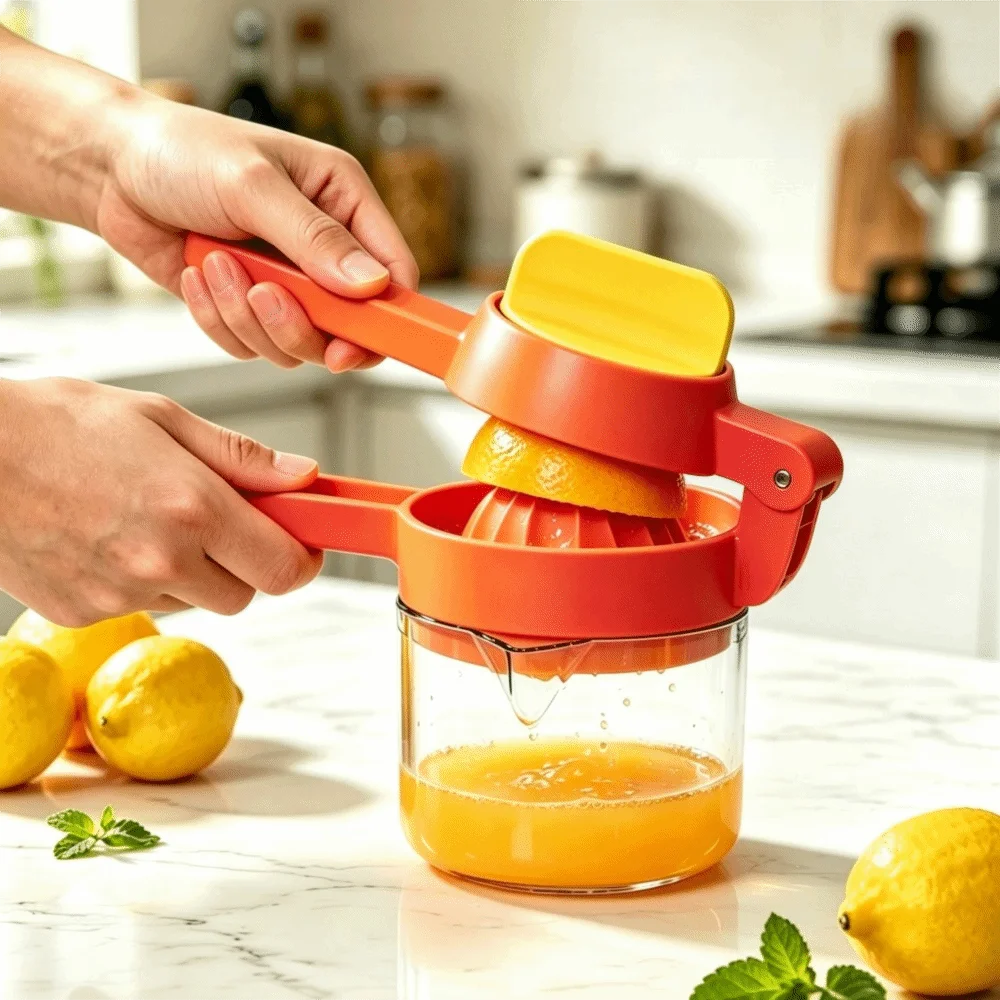 Hand-operated Rotary Manual Lemon Juicer with Juice Storage Cup V-shaped Guide Nozzle Orange Squeezer Plastic Labor Saving