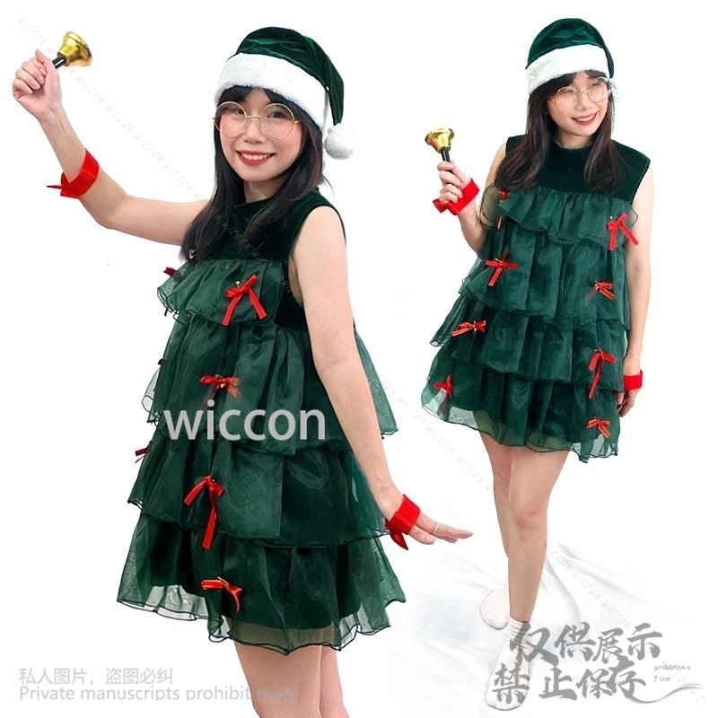 2024 Christmas Costume Cosplay Anime Dress Lolita Kawai Holiday Party Dance Suit Green Lace Cute Dress Hat Woman Girl Customized