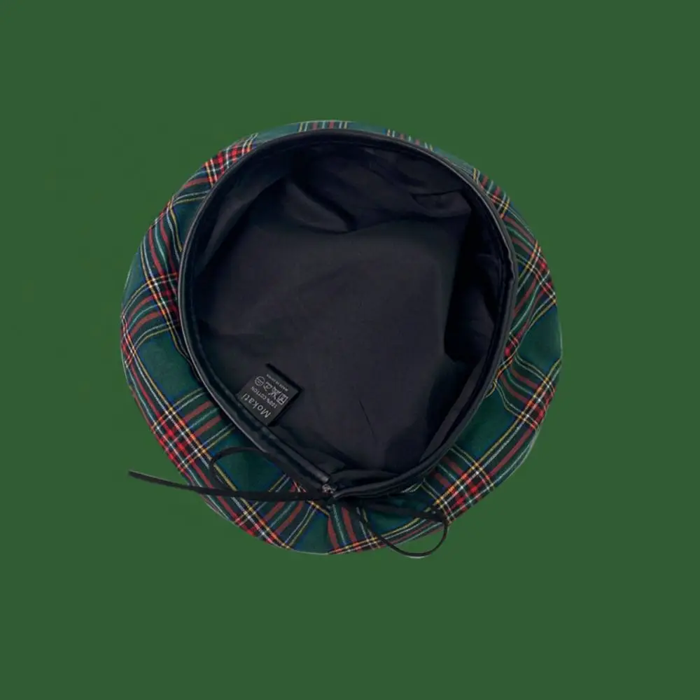 Casual British Style Tartan Plaid Beret Drawstring PU Leather Trim Newsboy Cap Green Retro Painter Hat Girl