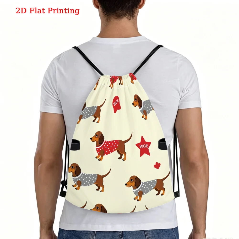 Cartoon Dachshund Dog 2D Printed Drawstring Backpack for Gym Sports Outdoor Travel