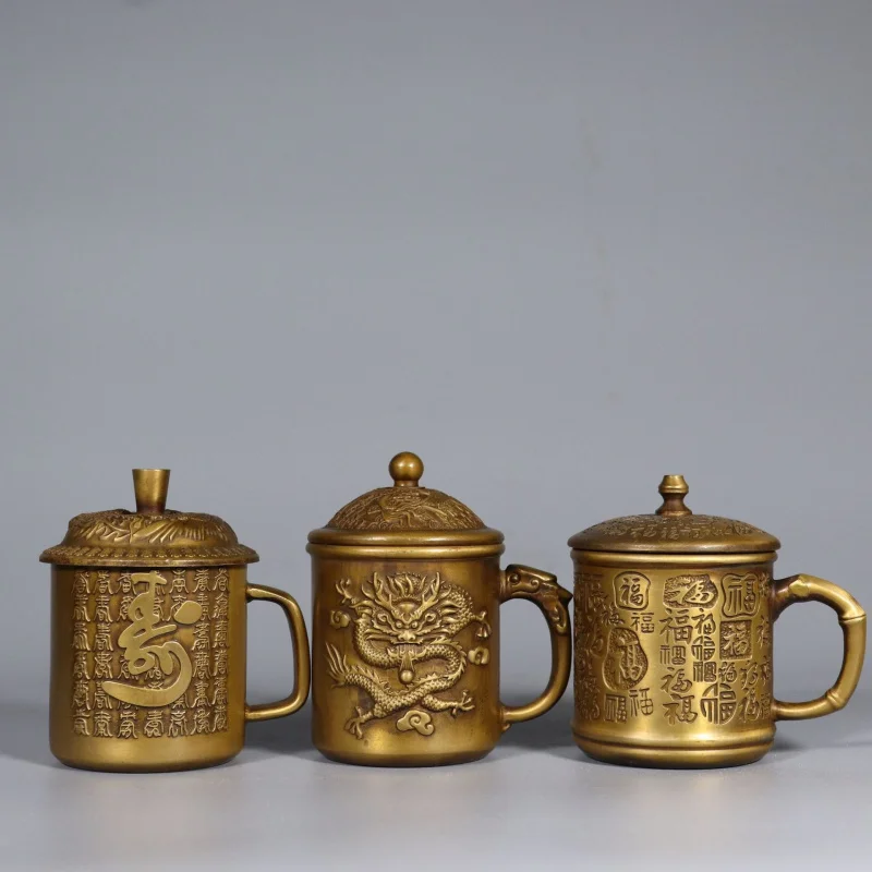 Brass Dragon Phoenix , Hundred Blessings Tea , Embossed with Lid, Vintage Water Cup, Home and Office Decorative Cr