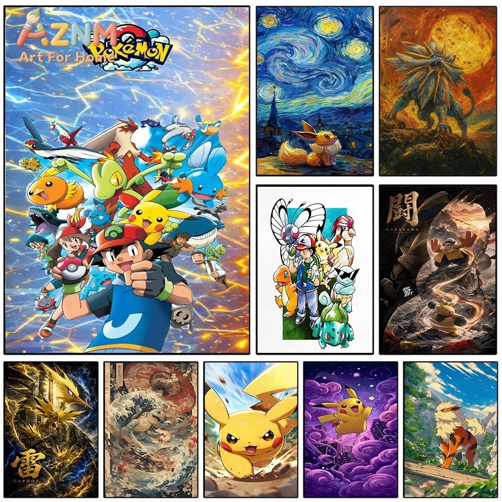 Anime Pokemon Ash Ketchum Team Canvas Wall Art, Trainer And Pocket Monster Cartoon Frameless Canvas Painting for Kids Bedroom