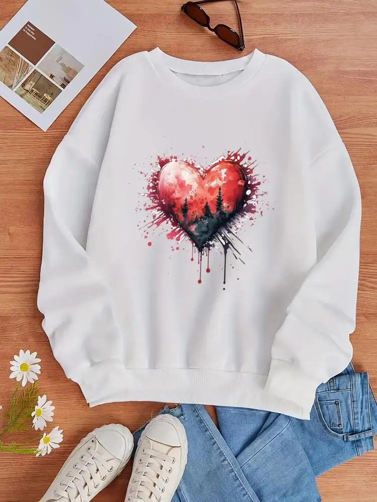 

Love Heart Christmas Trend Cute Pullovers O-neck Clothing Print Fashion Lady Fleece Casual Women Cartoon Graphic Sweatshirts