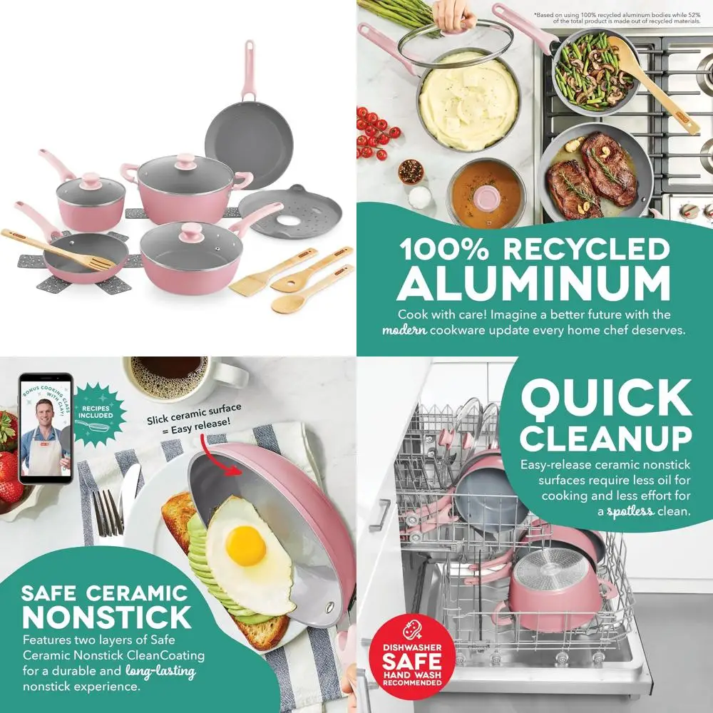

15-Piece Pink Ceramic Cookware Set: Recycled Aluminum, Nonstick, Oven-Safe, All-Cooktop Compatible