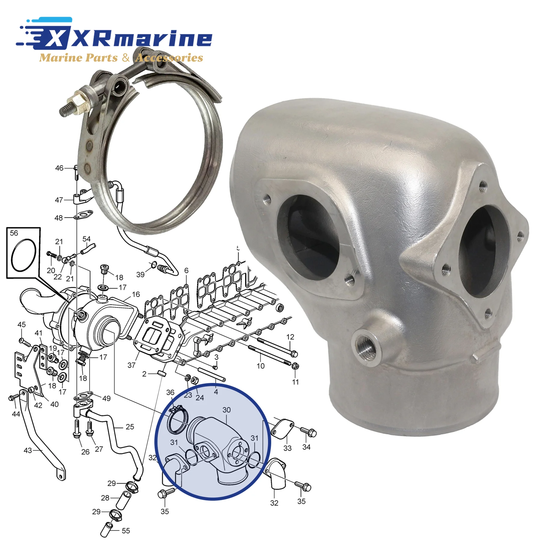 316 Stainless Steel Exhaust Mixing Elbow with V Clamp for Volvo Penta Marine D4 Series Engine D4-180 D4-210 D4-225 D4-260 D4-300
