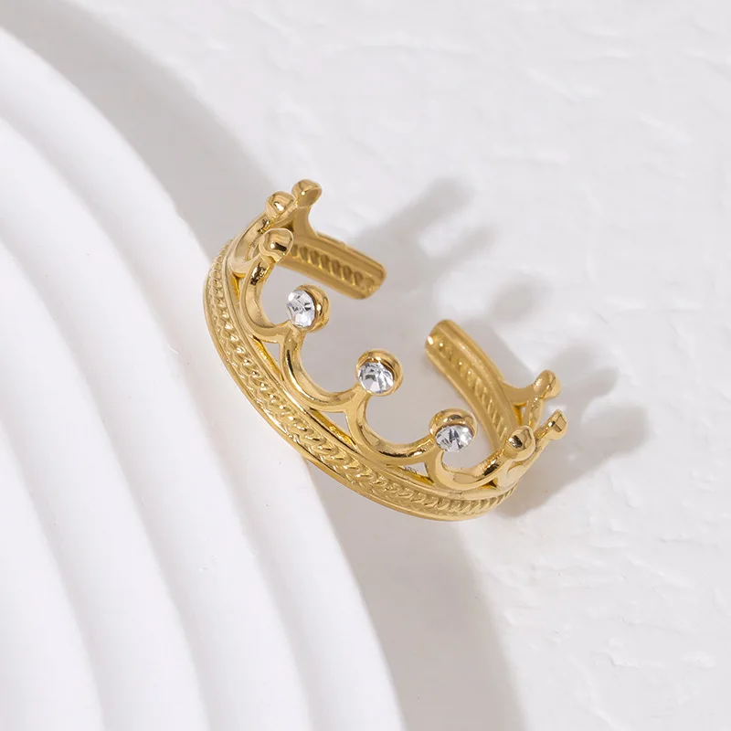 Luxury Trendy Gold Color Stainless Steel Zircon Crown Couple Rings for Women Men Charm Party Finger Jewelry Colorfast Gift