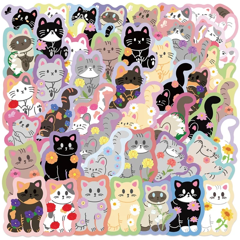 10/30/50PCS Cute Flower Cat PVC Sticky Sticker Aesthetic Korean DIY Decoration Scrapbooking Hand Accounting Supplies