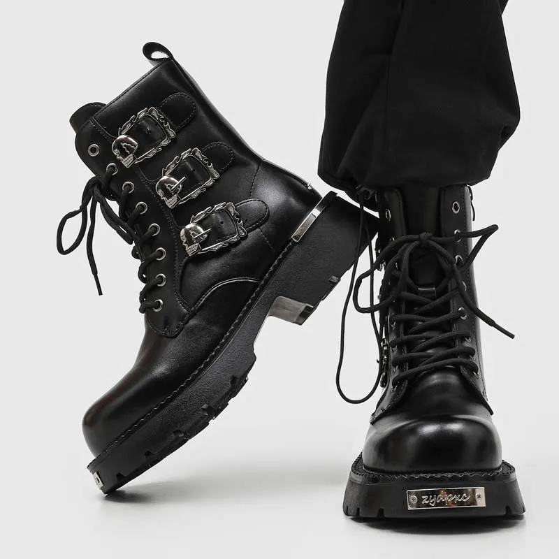 

Модные мужские повседневные ботинки в стиле панк-рок из искусственной кожи, черные, высокие, до середины икры, с металлическим носком, большие размеры 39-46, мотоциклетные ботинки