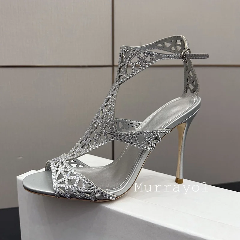 Bling Bling Rhinestone Sandals Women Real Leather Thin High Heels Ankle Strap Sandalias Mujer Summer Party Dress Wedding Shoes view 4