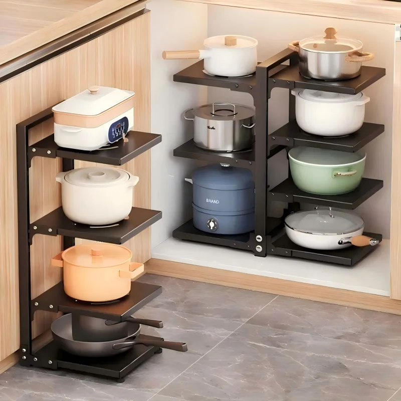 Kitchen Under Sink Pot Holder Multilayer Frying Pan Rice Cooker Seasoning Storage Rack Adjustable Stainless Steel Organizer