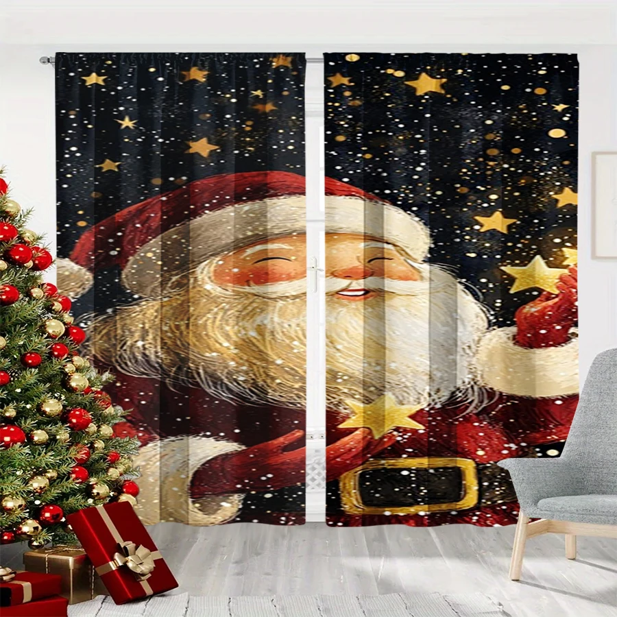 2PCS Christmas Winter Curtains, Black Starry Santa Claus Gold Star Winter Night, Digital Print, Bedroom Living Room, Home Decor