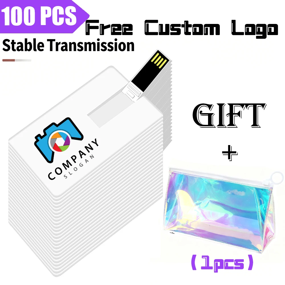 100Pcs/LOT Custom Logo Card USB Stick Pendrive 8GB 16GB Pen Drive USB Memory Promotional Pendrive Free Iridescent Cosmetic Bag