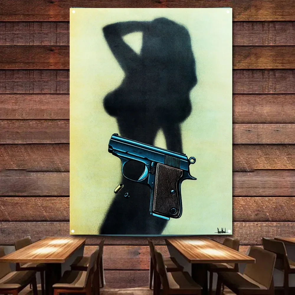 Pistol Girl Shadow Motorcycle Painting for Garage Vintage Banner Wall Flag Gas Station Man Cave Auto Poster Home Decor Stickers