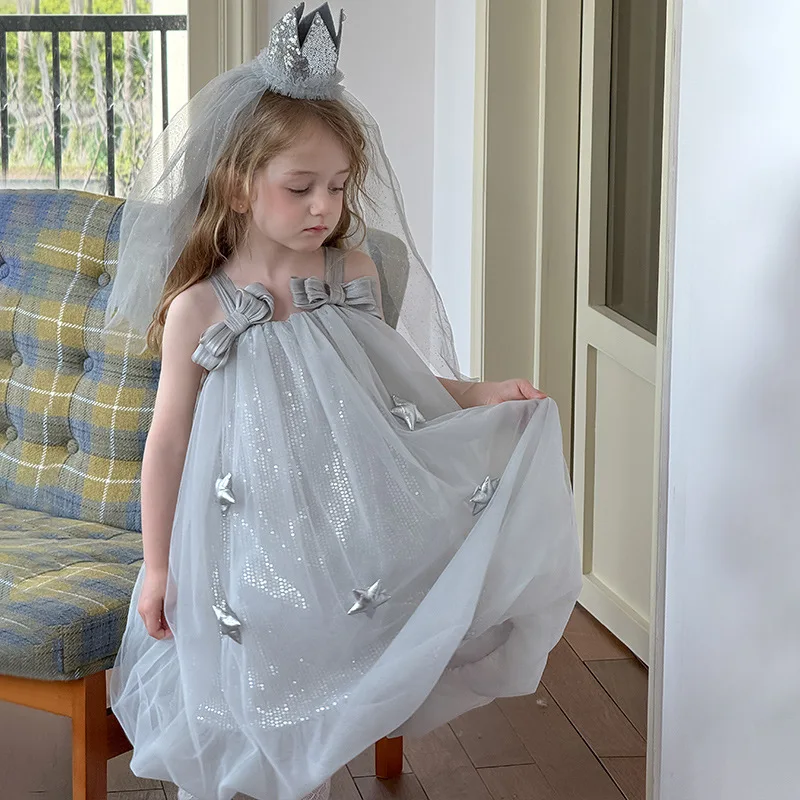 

Girls Spaghetti Strap Dress Sweet Fashion Bud Princess Dress Star Pattern Tulle Tutu Birthday Party Pageant Dresses for Kids