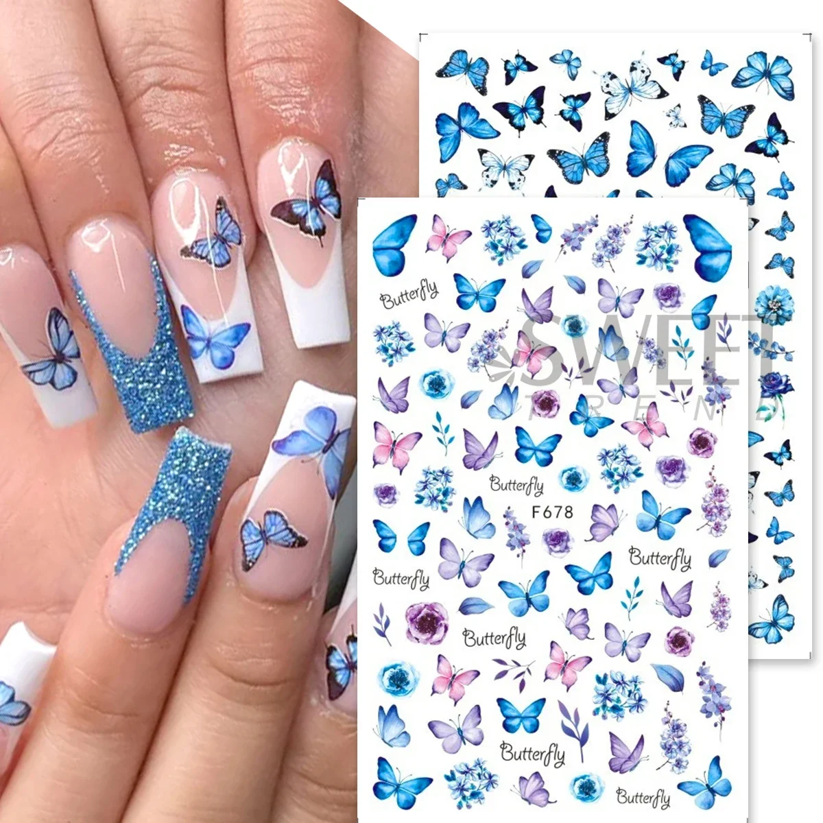 10pcs Elegant ผีเสื้อเล็บสติกเกอร์เล็บผีเสื้อสีฟ้าเสือดาว Retro ดอกไม้กาวรูปลอกงานแต่งงาน Charm เล็บเคล็ดลับ