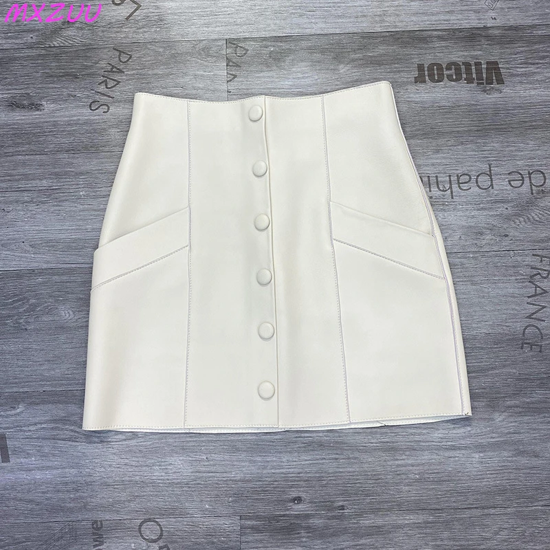 100% Leather Sexy Skirt Women High Waist Single Breasted Pocket A-line Jupe Short Mujer Sheepskin Gonne European Style Roupas