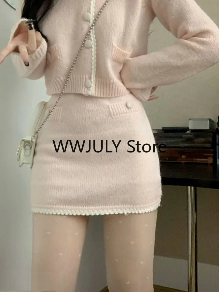 Pink Korean Fashion Knitted Suit Elegant 2 Piece Set Woman Casual Sweater Tops + Sexy Bodycon Mini Skirt Office Lady 2023 Autumn