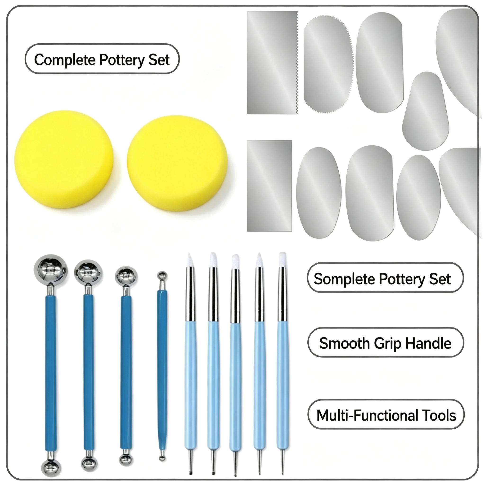 Blue Handle Clay Sculpting Tools Set Ball Stylus Dotting Tools with Sponge Metal Slices for Pottery Modelling DIY Ceramic Art