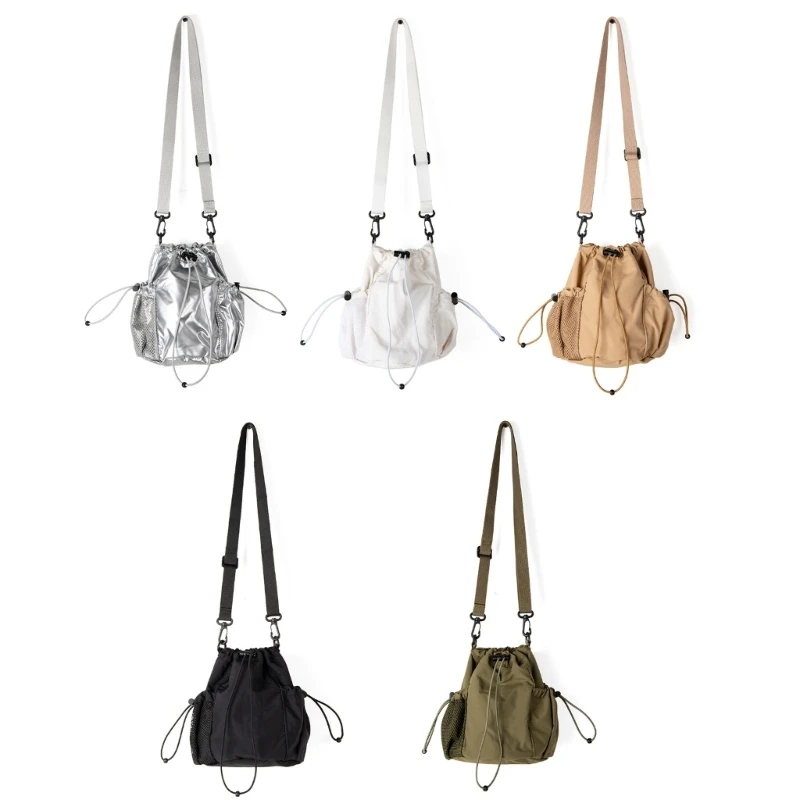 Stylish Pleated Drawstring Bucket Bag Nylon Shoulder Purse Crossbody Bags For Shopping And Travel For Women