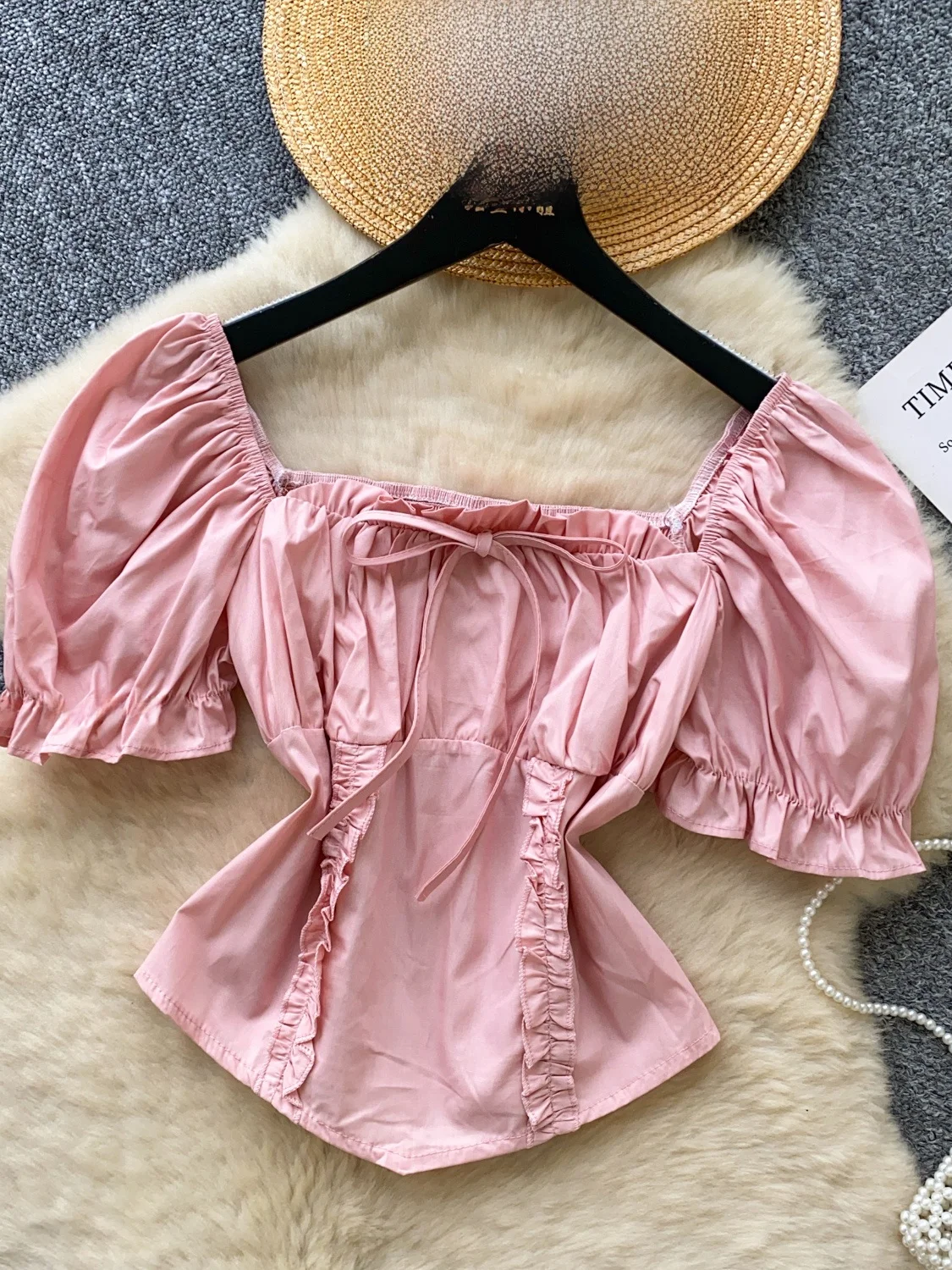 

Korean Style Sweet Girl Bubble Sleeve Shirt Women Summer Slimming Salt System Binding Waist Top Square Collar Short Sleeve