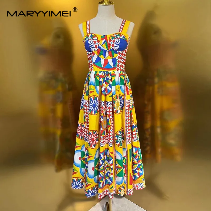 MARYYIMEI Fashion Women Pure cotton dress Spaghetti Strap Sicilian Classic Print Holiday S-XXL Pure cotton Dresses