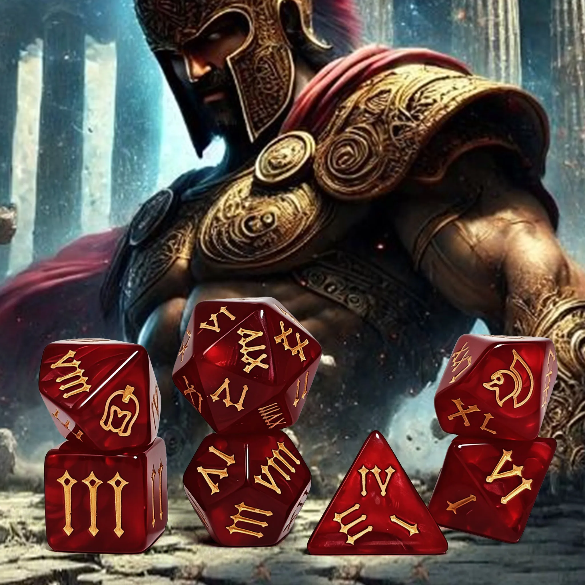7Pcs Wine Red Pearl Swirl Roman Numeral Polyhedral Dice Set Gold Font D4-D20 for DND COC Vampire RPG Tabletop Game Dice