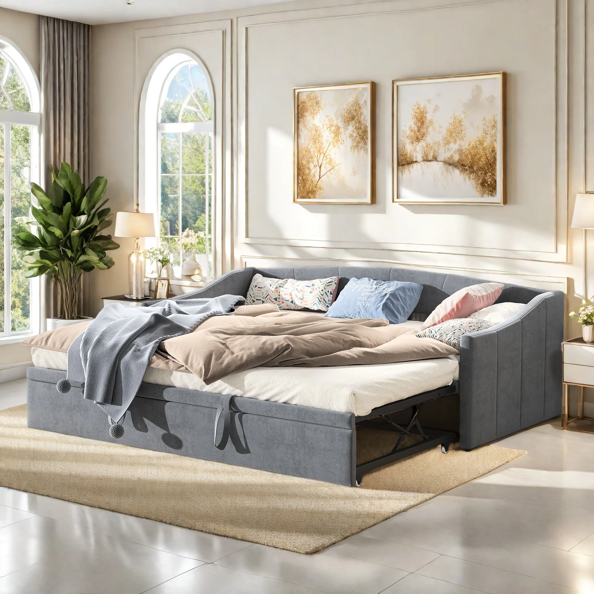 Sofá cama extensible, sofá cama de terciopelo, cama tapizada de 90/180 x 200 cm, estructura de sofá moderna para dormitorio, sala de estar, sin colchón, gris
