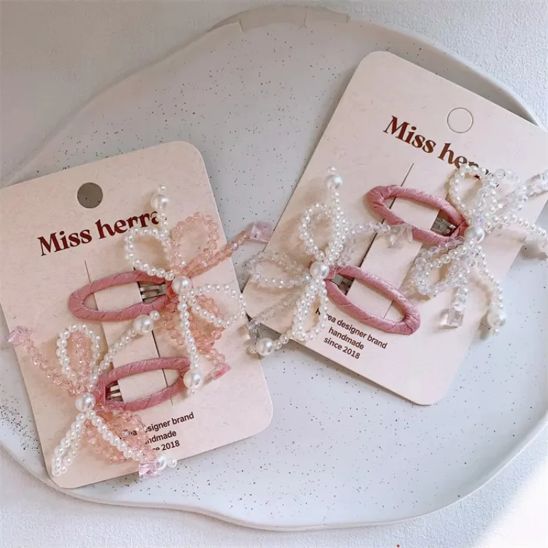 Spring Summer Children's Small Fresh Pearl Bow Hairpin Girls Solid Color Side Broken Hair BB Clip Parent-child Bangs Clip