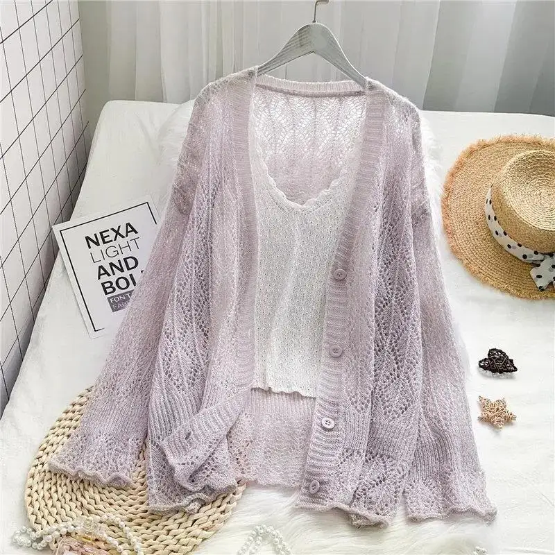 

Thin Sunscreen Long Sleeve Cardigan Women Summer Autumn Knitted Cardigan Korean Button Jacket Ice Silk Sweater Clothing Top P208