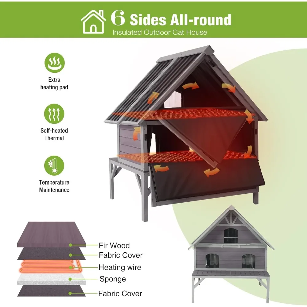 Heated Cat House 2-Level Large Outdoor Cat House Insulated Weatherproof Feral Cat Shelter with 2 Heating Pads, Insulat