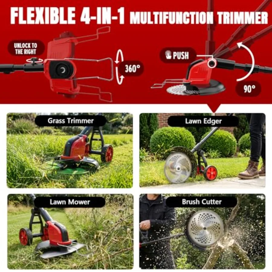 20000 RPM Electric Weed Wacker with Wheel, 12 Brushless Cordless Weed Eater Battery Powered, 4-in-1 Brush Cutter/String Trimmer