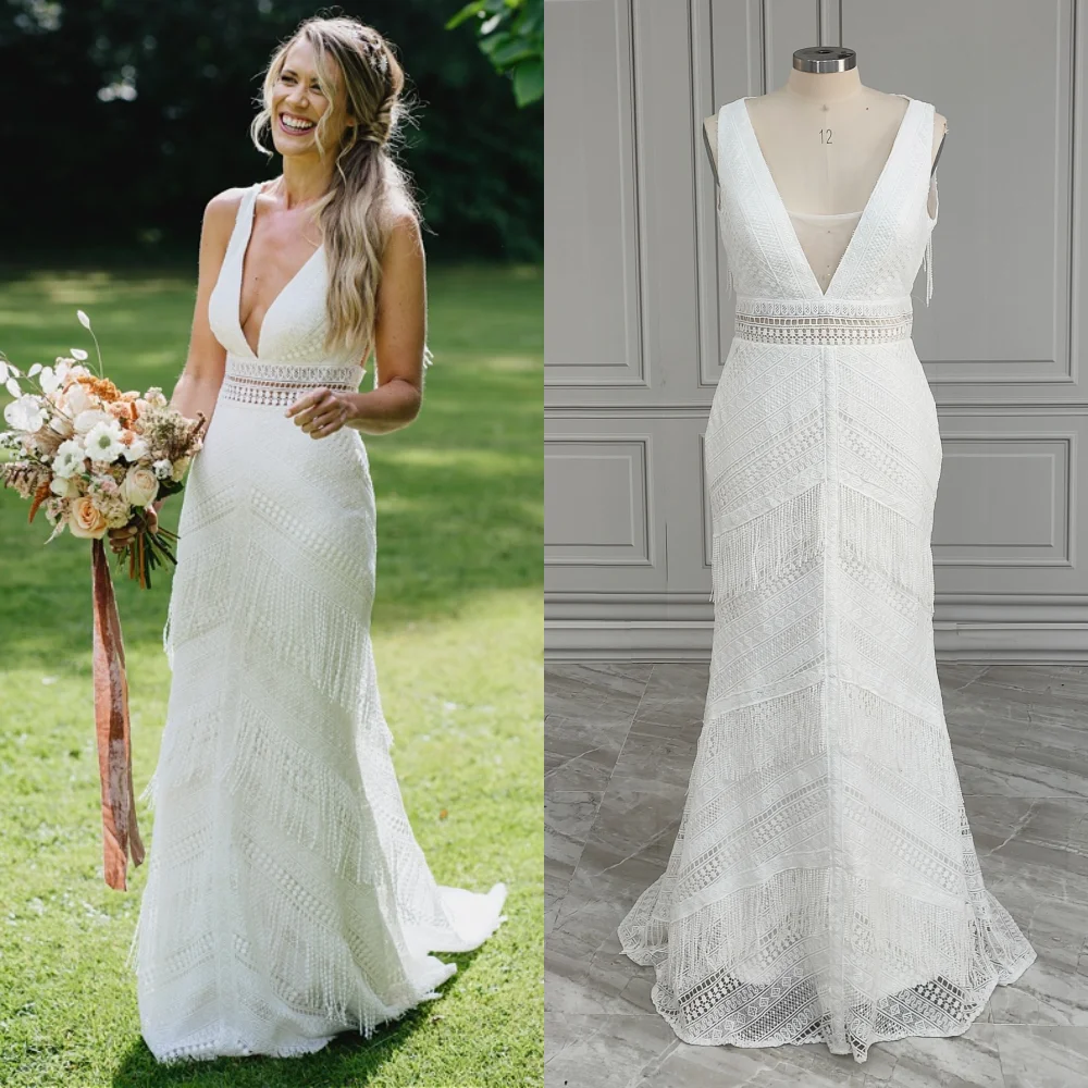 19611# Customzied Boho Sleeveless V-neck Lace Mermaid Wedding Dress Elegant Backless Tassel Bridal Gown For Women 2024