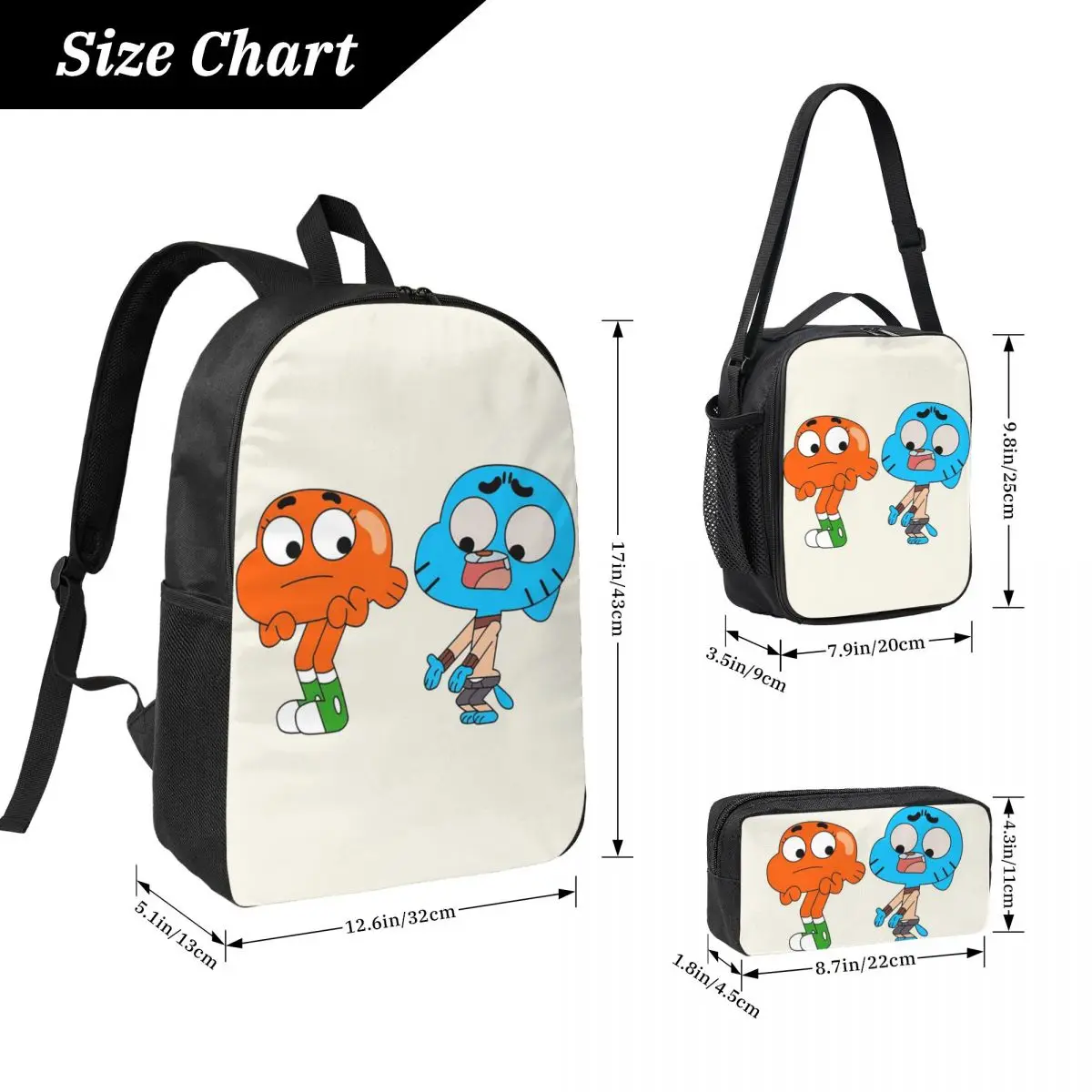 Gumball en Darwin, What The What Rugzak Jongen Meisjes Boekentas Schooltas Laptop Schoudertassen 3ps Geïsoleerde lunchtas Etui