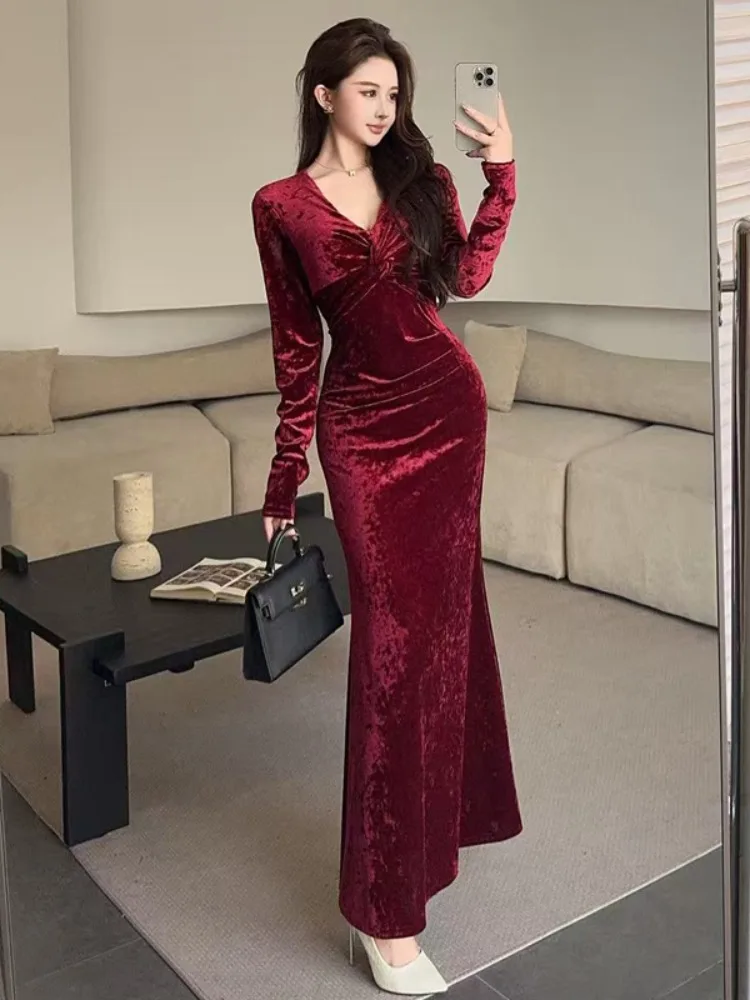 

Бархатное длинное платье све V-Ne для похудения Fi Tail, вечернее платье, сексуальное бальное платье с высокой талией, осень-зима, модное женское платье