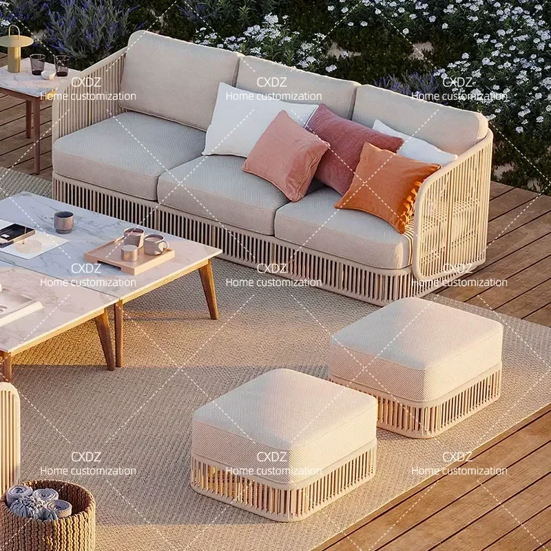 Outdoor Rattan Sofa Set for Sunroom Villa Hotel Garden Courtyard Terrace Weatherproof Wicker Patio Furniture Combination