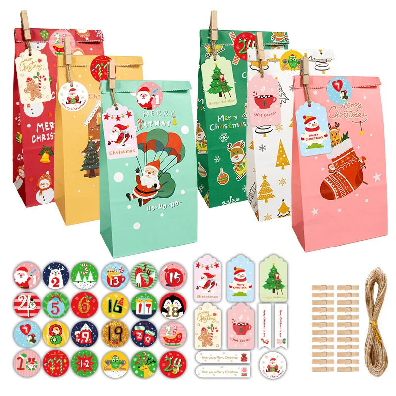 24Sets Advent Calendar Christmas Gift Bag Santa Claus Treat Bag with Clips Stickers Tags Countdown Xmas Party Wrapping Supplies
