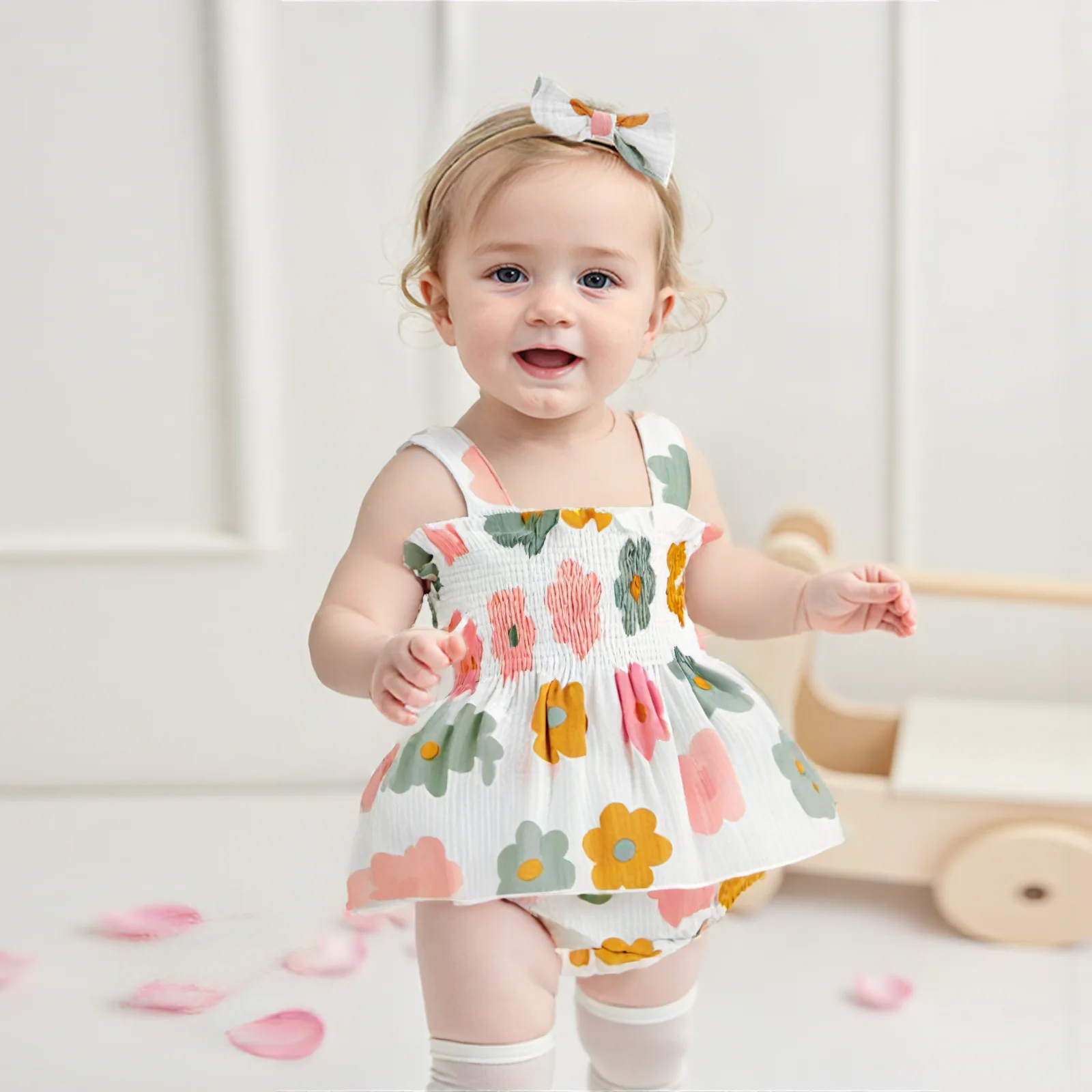 

Baby Girl Summer Clothes Floral Print Suspender Smocked Tank Tops Elastic Waist Shorts Bow Headband 3 Pcs Set