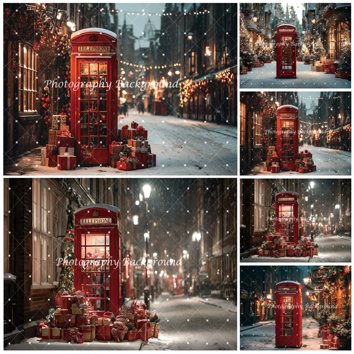 冬の夜ヨーロッパの町の背景写真赤い電話ボックスクリスマスツリーポートレート装飾背景撮影小道具