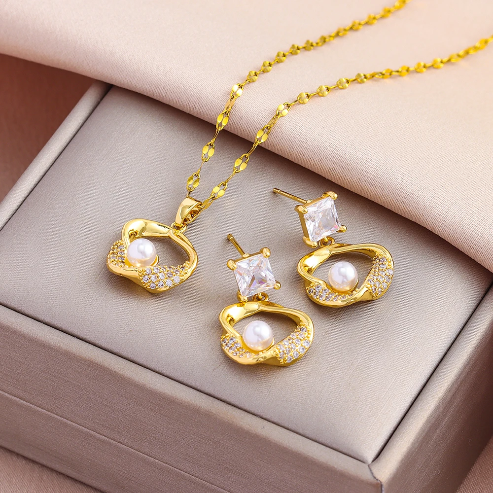 New Fashion Retro Style Pearl Necklaces Earrings For Women Trendy 18K Gold Plated Stainless Steel Jewelry Set Female Wholesale