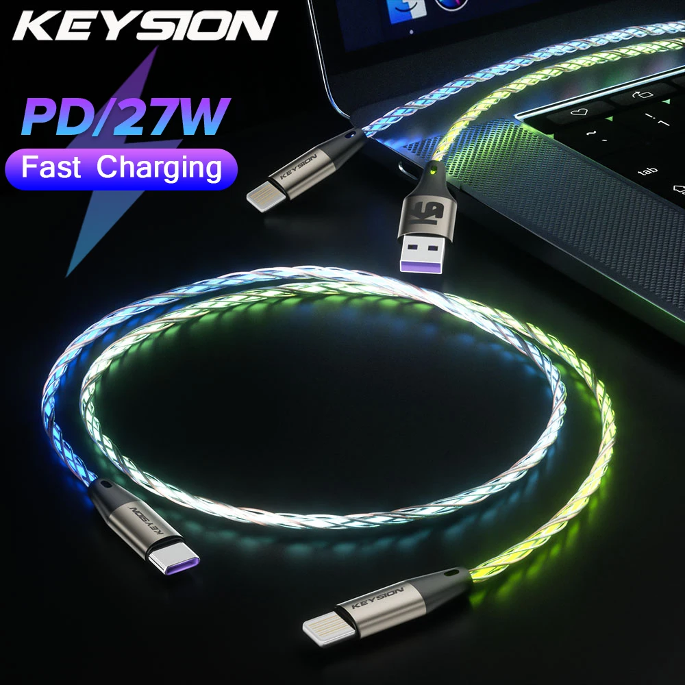 KEYSION PD 27W USB C Data Cable Colorful LED RGB Light Gradient Type C To L Fast Charging Wire for iPhone 14 13 12 11 Pro Max SE