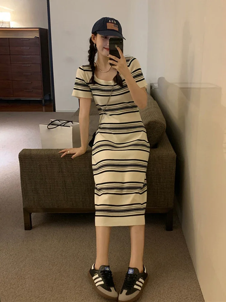 

Summer Elegant Chicly Striped Casual Loose Female Midi Dresses Ins Classic Contrast Color Fashion Simple Street Dress for Women