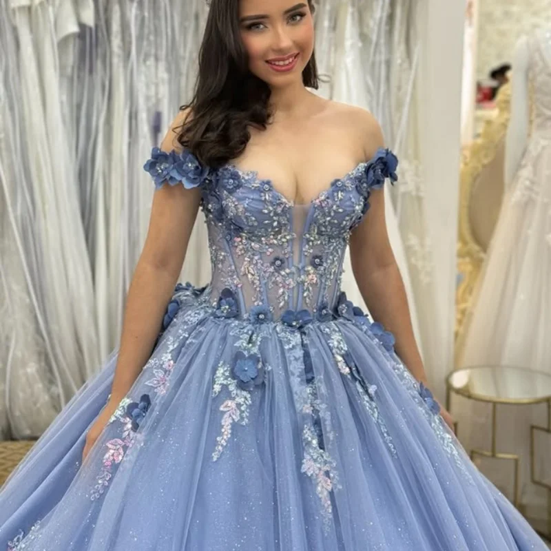 

Customized Shiny light blue Quinceanera Dresses Off the Shoulder sequin applique Long tail Lace 3D flower Vestido 15 Quinceanera