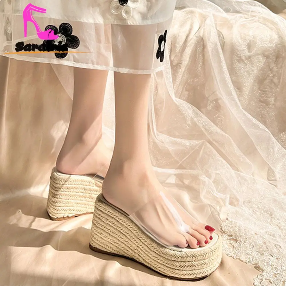 Rope Sole Chunky Wedge Slippers For Women Summer 2023 Hot Fashion Ladies Strap Straw Comfy Walking Sandal Slippers Plus Size